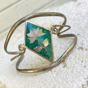 Vintage Alpaca Mexico Floral MOP turquoise open cuff bracelet